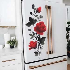 Elegant red rose and black leaves wall sticker on a minimalist white refrigerator door