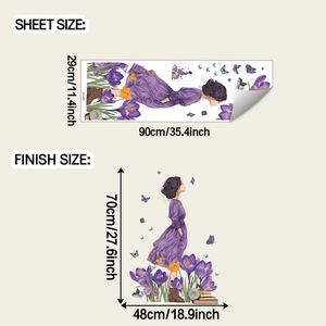 Wall decal showing sheet size and finish size of girl in purple dress with crocus and butterflies