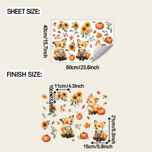 Layout dettagliato delle dimensioni degli adesivi murali con volpe e zucca autunnale
