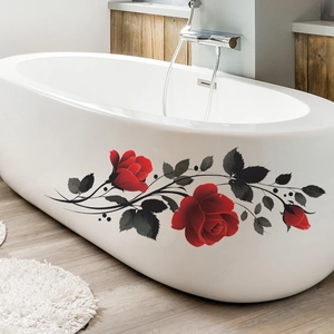 Waterproof red rose and black leaf wall decals on a modern white bathtub in a bathroom
