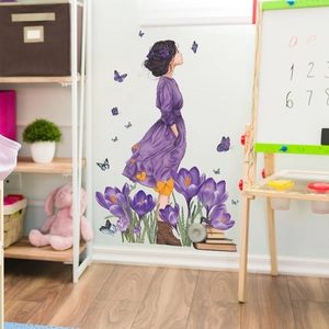 Creative wall sticker of a girl in purple dress with crocus flowers and butterflies