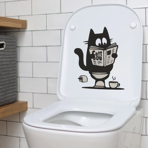 Funny black cat reading newspaper bathroom wall sticker for toilet decor