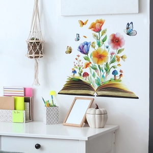 Creative floral book and butterfly wall stickers for modern living room home decoration