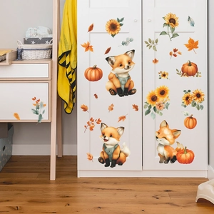 Adesivi murali volpe e zucca con foglie d'autunno per la decorazione della casa