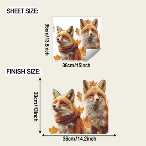 Détail des stickers muraux renard d'automne avec dimensions de la planche et taille finale