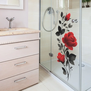 Artistic red rose wall stickers with black leaves on a bathroom glass shower door