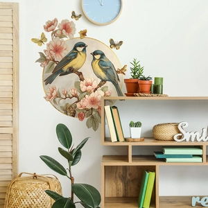 New Chinese wall sticker with birds and pink flowers in a gold circular frame
