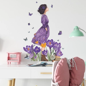 Girl in purple dress with flowers and butterflies wall decal for home decoration