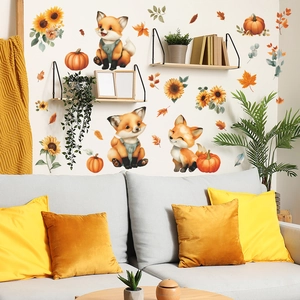 Adesivi murali volpe autunnale con zucche e girasoli per decorazione del soggiorno