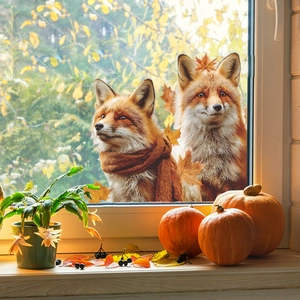 Stickers de fenêtre d'automne avec renards réalistes et feuilles d'érable pour décor vitre