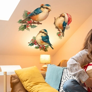 Christmas wall stickers featuring realistic birds and red berries for home decoration