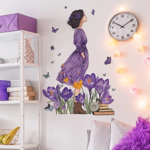 Purple Dress Girl Illustration Wall Sticker Butterfly Floral Removable PVC Mural Decal For Living Room Bedroom Home Decor