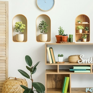 3D realistic potted plant wall stickers with elegant wooden arch frames for home decor