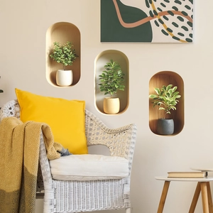 3D Wandsticker mit grünen Topfpflanzen in gewölbten Nischen für moderne Dekoration