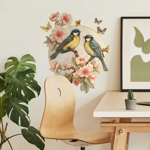 New Chinese style wall sticker featuring watercolor birds, pink flowers and golden butterflies
