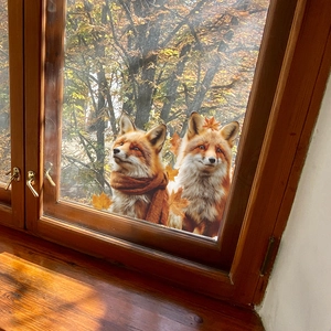 Autocollants de fenêtre renard d'automne et feuilles d'érable décor de verre