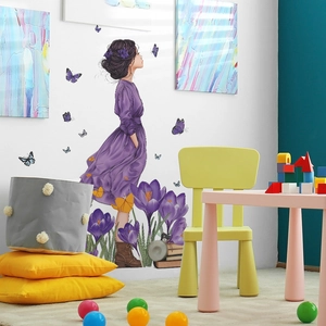 Creative girl wall sticker with purple dress, butterflies and flowers for home wall decor