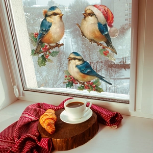 Christmas window decals featuring realistic blue tits and red berries on a snowy background