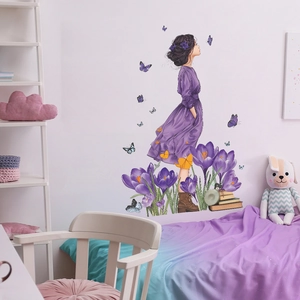 Creative wall decal featuring a girl in purple dress with flowers and butterflies in a bedroom
