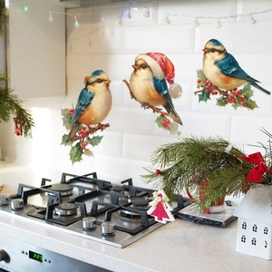 Christmas blue bird wall stickers with red berries and holly leaves for home decoration