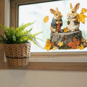 Stickers de fenêtre d'automne avec lapins, carottes et feuilles d'érable sur une vitre