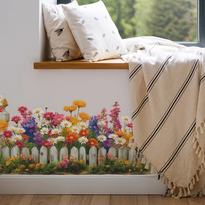Adesivo murale con margherite e staccionata bianca per decorazioni casa stile giardino