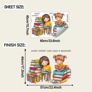 Detail view of wall sticker showing expert quote and little girls reading on books