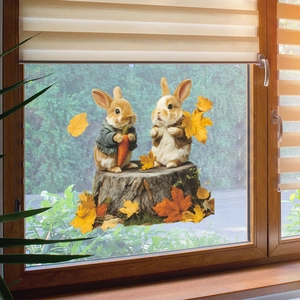 Stickers électrostatiques de lapins d'automne avec feuilles pour décoration vitres