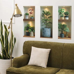 Stickers muraux 3D plantes vertes en pot design triptyque pour décor de salon moderne