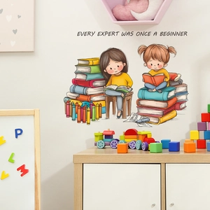 Cartoon Girls Reading Books Wall Sticker Every Expert Was Once A Beginner Inspirational Quote PVC DIY Decal For Kids Room Study Decoration
