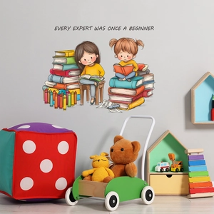Cartoon wall decal with reading girls and Every Expert Was Once A Beginner quote