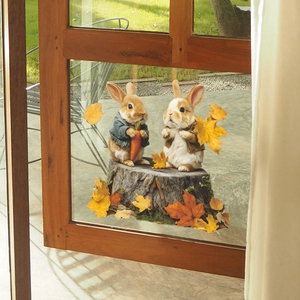 Autocollant de fenêtre lapins d'automne sur souche avec feuilles d'érable pour décor de vitre