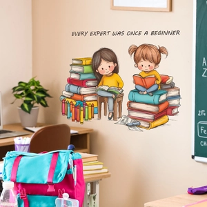 Every Expert Was Once A Beginner wall decal with cartoon girls reading books for study room