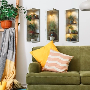 Set of three 3D adhesive wall stickers featuring potted plants in alcoves for home decor
