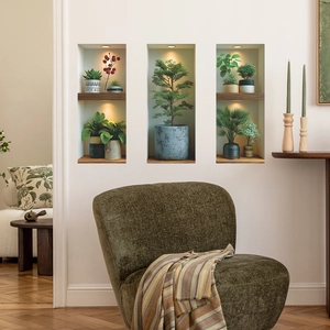 Stickers muraux 3D plantes en pot avec éclairage chaleureux pour décor de salon