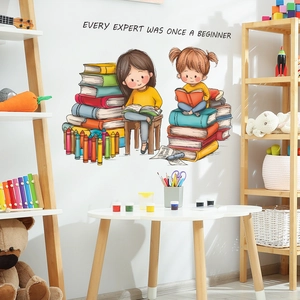Cartoon girls reading on books wall sticker with Every Expert Was Once A Beginner quote