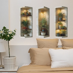 3D realistic niche wall stickers with potted plants and warm lighting set of 3