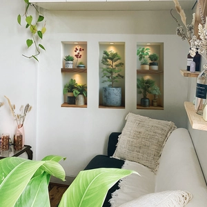 Lot de stickers muraux 3D plantes en pot avec effet de lumière chaude pour salon décoration