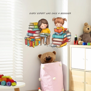 Cartoon girls reading books wall sticker with Every Expert Was Once A Beginner quote