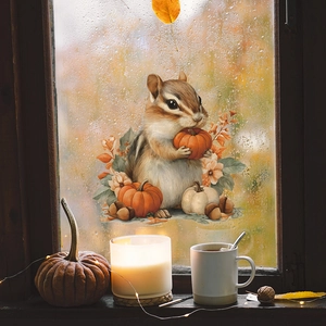 Cartoon Eichhörnchen mit Kürbissen Herbst Fensterbild für Küche und Wanddekoration