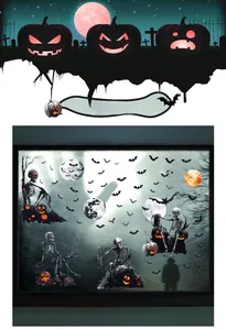 Detail of Halloween window stickers featuring skeletons, bats and pumpkins in a graveyard