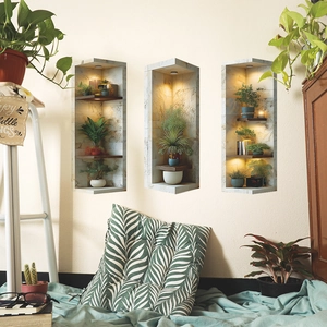 3D wall niche decals with stone texture and warm LED lighting for home wall decoration