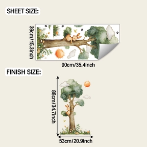 Cartoon wall stickers showing sheet dimensions 39x90cm and finish size 88x53cm details