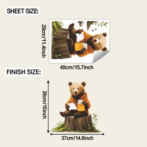 Detail view of cute honey bear wall sticker showing sheet size and finish size dimensions