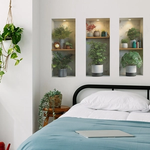 3D potted plant niche wall stickers with realistic greenery and warm spotlight effect
