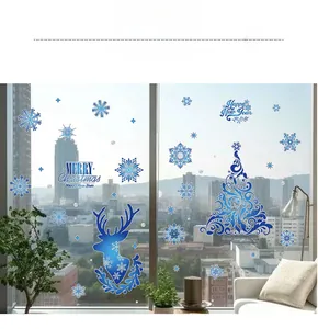 Detailed Christmas window stickers with blue elk, snowflakes and Merry Christmas lettering