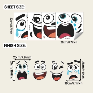Detailed sheet showing funny cartoon face stickers for trash cans with specific dimensions