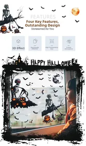 Detail of 3D Halloween static stickers showing skulls, pumpkins and bats on glass