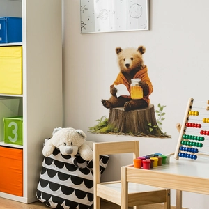 Cute brown bear wall sticker holding honey pot for nursery room wall decoration