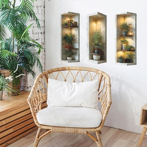 Set of 3D niche wall stickers with potted plants and books for home living room decor